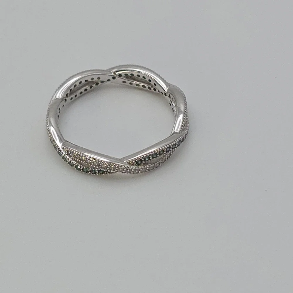 Vtg 925 Sterling‎ Silver Ring Criss-Cross Green Crystal Cubic Zirconia Size 7.25